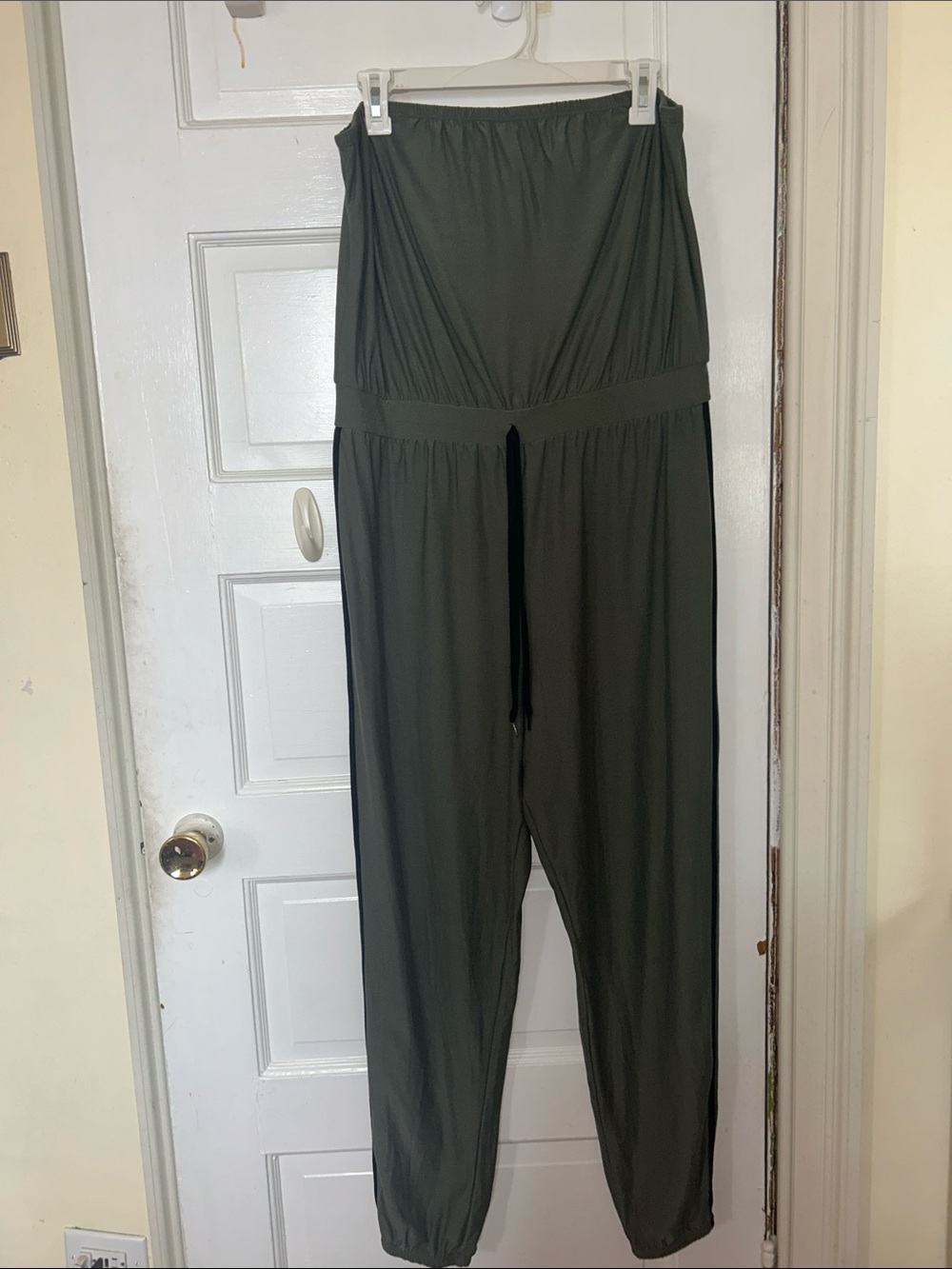 Relaxed Olive Green Strapless Jumpsuit with Stripes on sides
